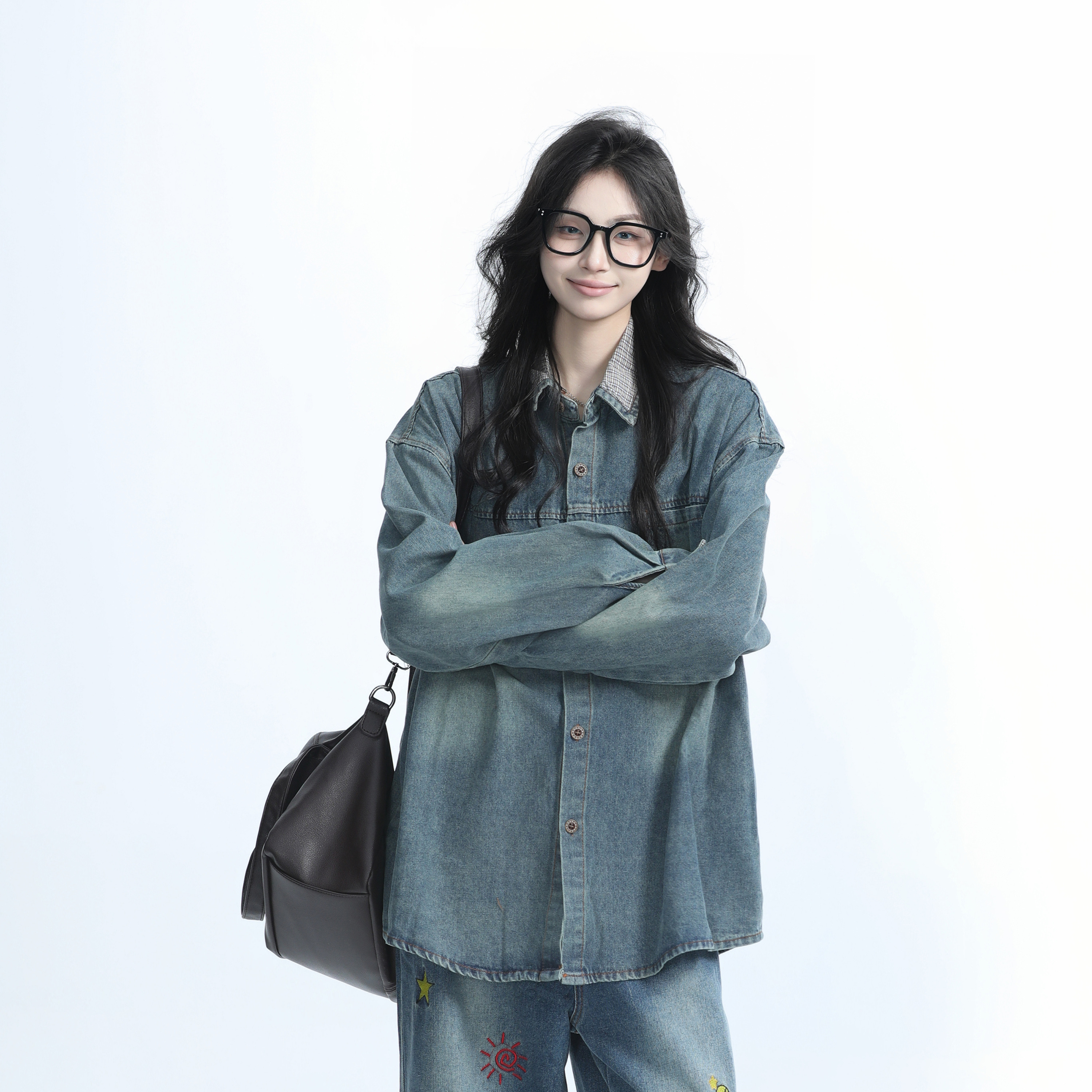 美式复古刺绣水洗牛仔衬衫女外套