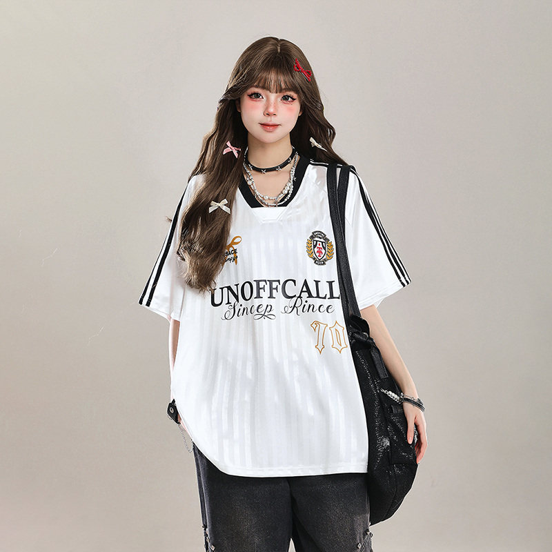 美式字母V领运动球衣服短袖T恤女夏季ootd穿搭泽西风宽松半袖上衣