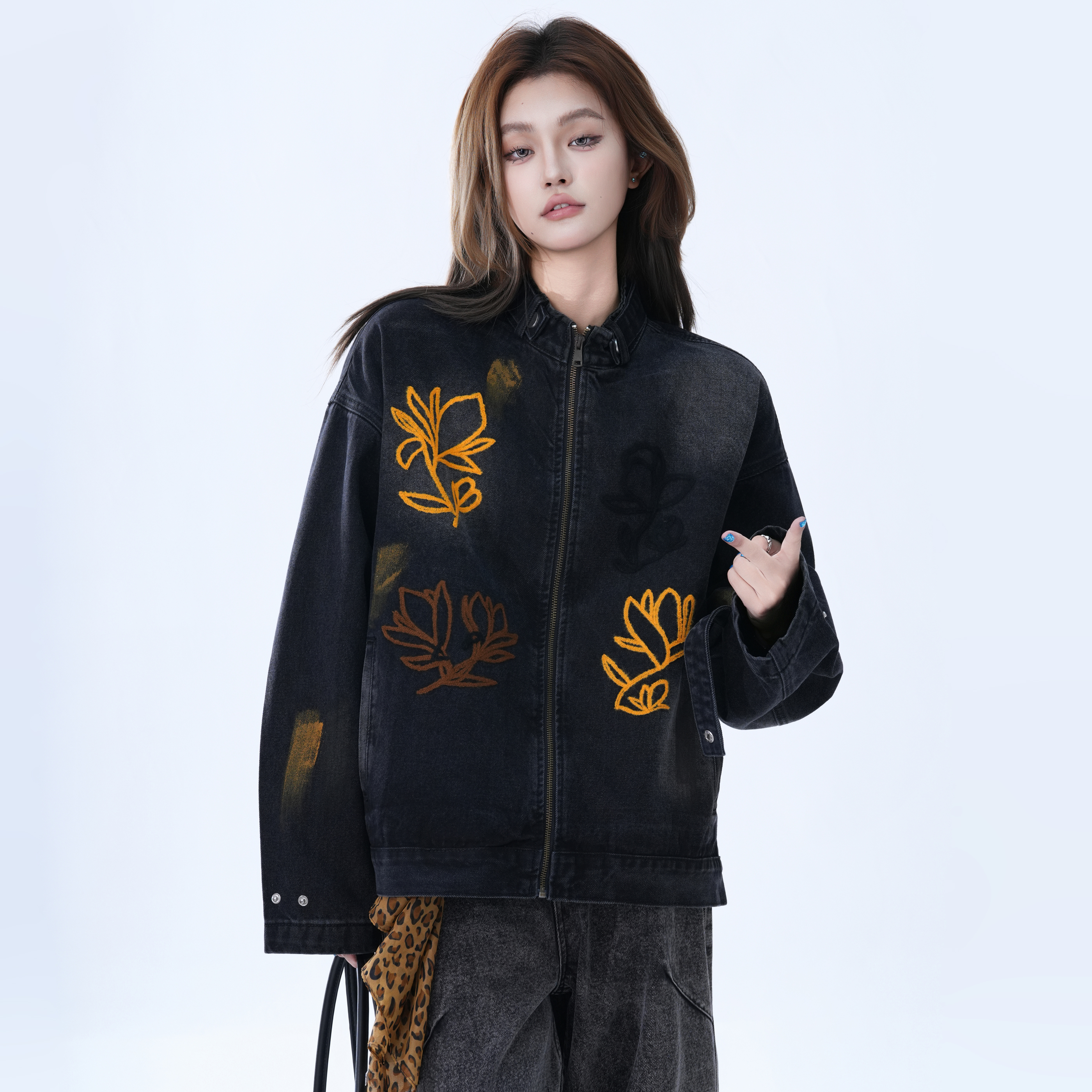 美式复古做旧水洗花卉刺绣牛仔外套女日系原宿风宽松慵懒夹克上衣