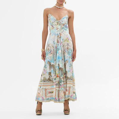 海边度假风长裙 2025气质印花V字领吊带高腰宽松大连衣裙一字领