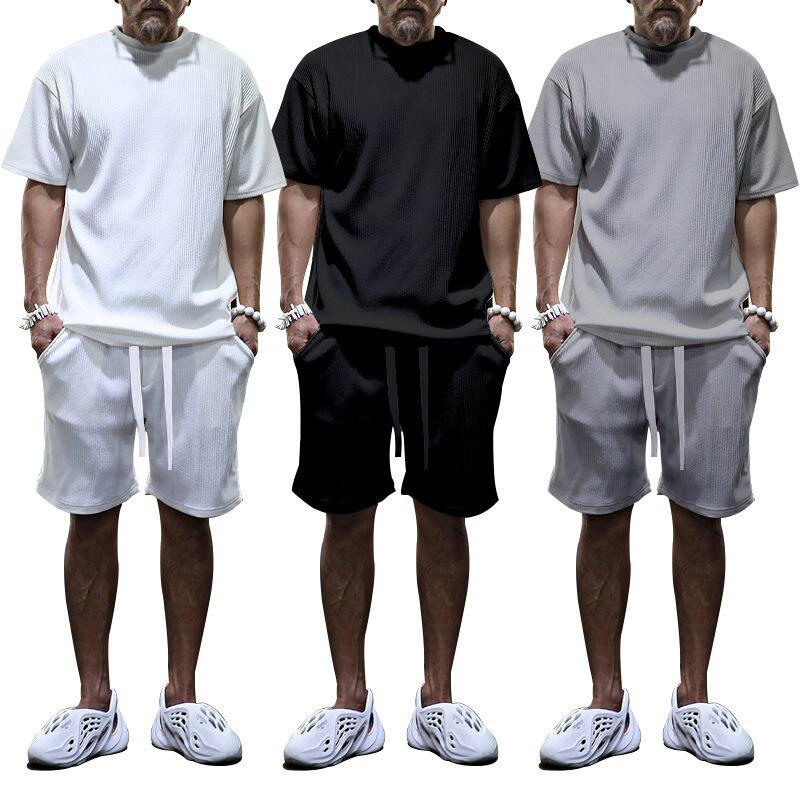独立站欧货夏季男装竖条纹宽松短袖短裤度假休闲清凉运动套装T恤