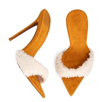 时装凉鞋欧美尖头细跟纺羊羔毛外贸女鞋high heels高跟鞋12cm