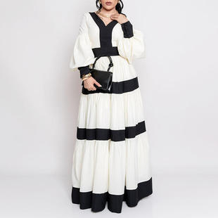 法式V领灯笼袖长裙女潮 2026小众拼接撞色设计长款收腰连衣裙休闲
