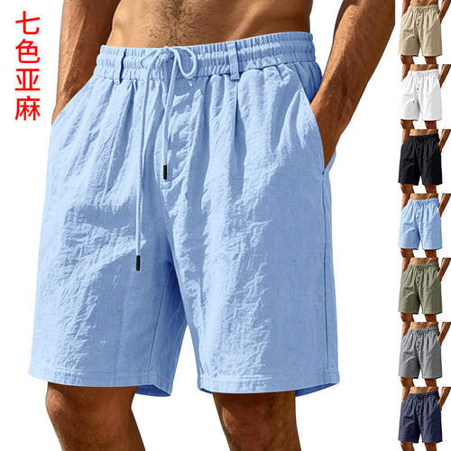 2026跨境欧美夏季大码男士休闲宽松亚麻简约百搭通勤运动五分短裤