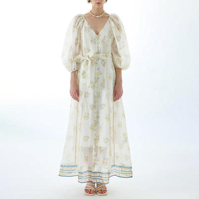 法式复古浪漫刺绣 2025V字领泡泡袖系带收腰长款连衣裙高腰裙单件