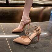 女抖音小红书分销时尚 新款 裸色尖头交叉带红底高跟鞋 百搭