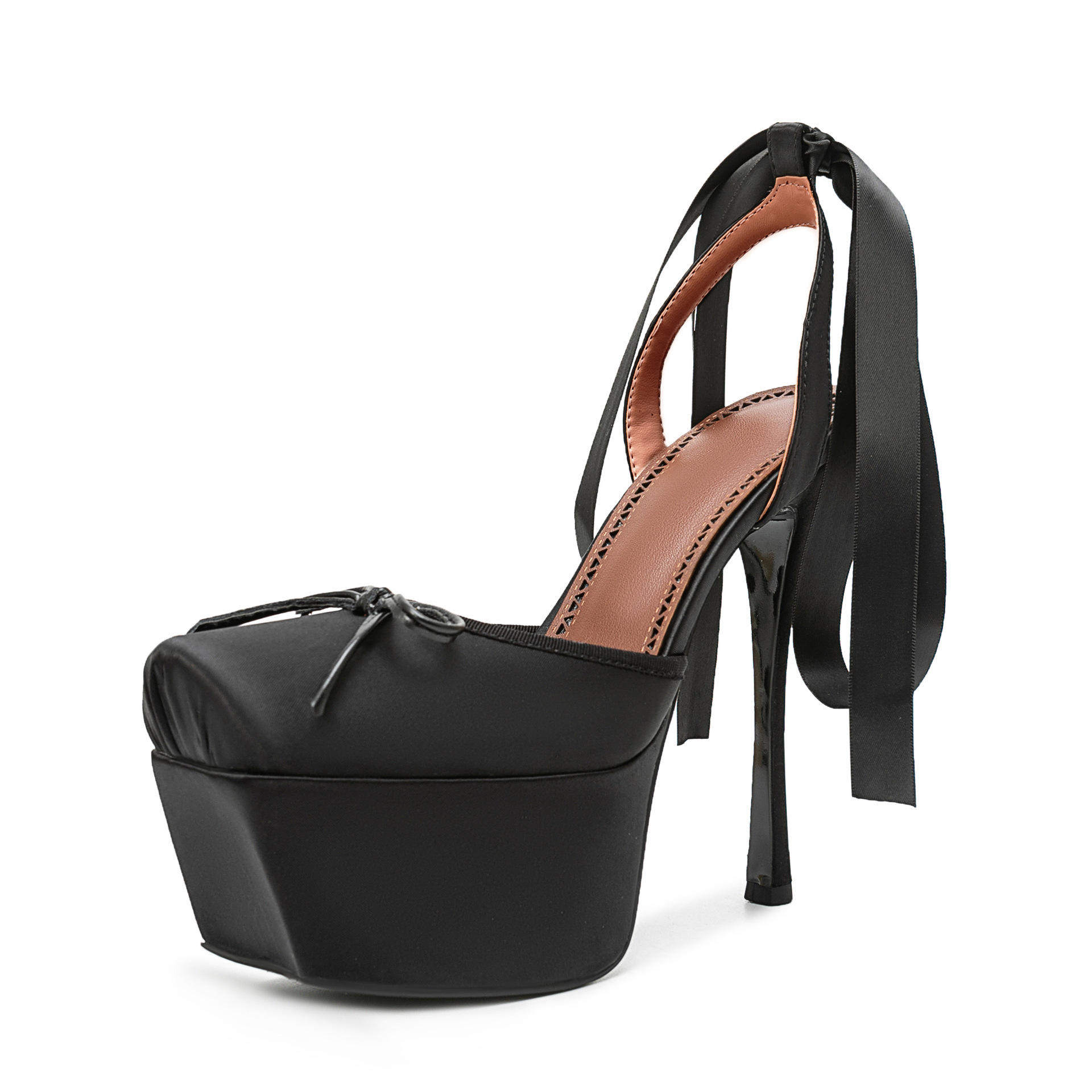 新款超高跟方头防水台缎面丝带绑带结装饰芭蕾舞凉鞋时装凉鞋细跟