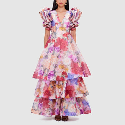 新款欧美名媛重工V领礼服蛋糕裙 2025设计感印花荷叶袖长款连衣裙