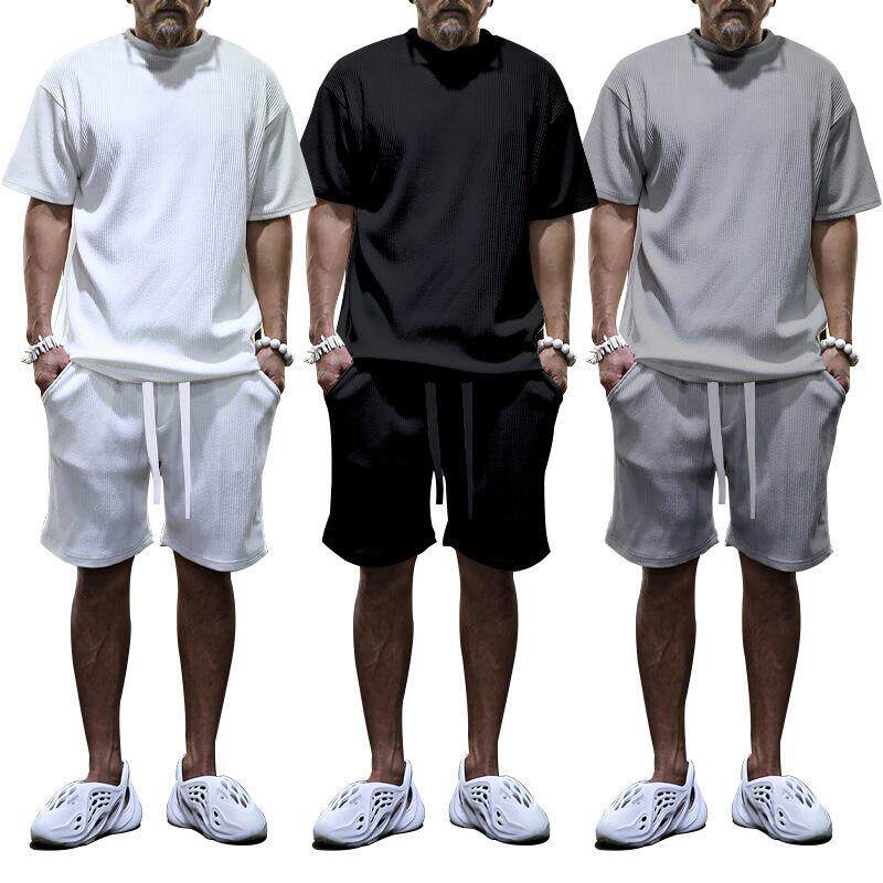 新款独立站欧货夏季男装竖条纹宽松短袖短裤度假休闲清凉运动套装