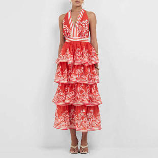 2026V领无袖 波西米亚风长裙 荷叶边印花设计感收腰连衣裙 时尚 新款
