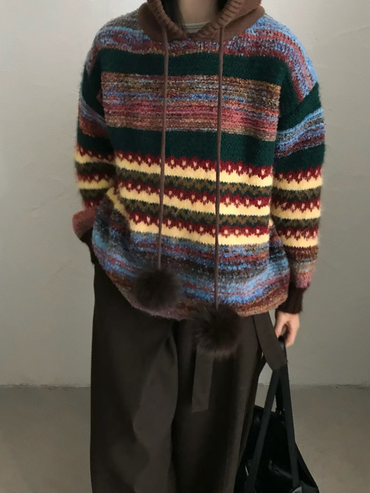慵懒休闲复古彩色条纹毛衣女2025秋冬新款女装宽松短款针织衫上衣