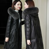 海宁绵羊皮羽绒服女中长款 狐狸毛皮草连帽2025冬季 新真皮皮衣外套