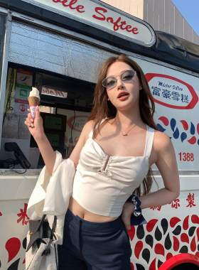 林悠贵气感 100%天丝白色丹麦吊带上衣\k韩国面料蓝洋气包臀短裤