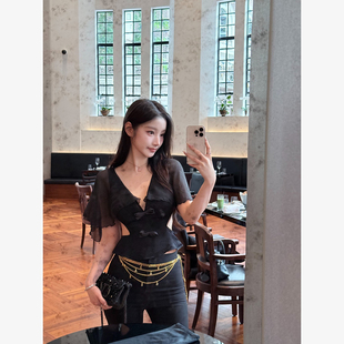 定制 套装 ef纯真丝V领透视蝴蝶结短款 复活长裤 上衣chlo 林悠