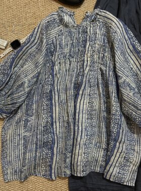 茜茜女孩夏季100苎麻条纹印花鱼骨打褶宽松灯笼袖上衣日系小衫