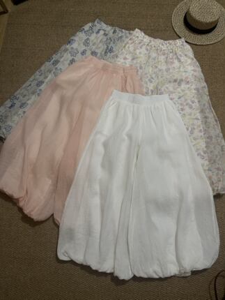 西西女孩夏季100苎麻松紧腰花苞裤印花透气减龄休闲灯笼裤