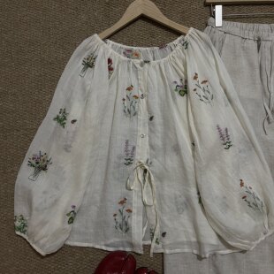 茜茜女孩夏季100苎麻重工刺绣小衫圆领系带宽松显瘦百搭长袖上衣