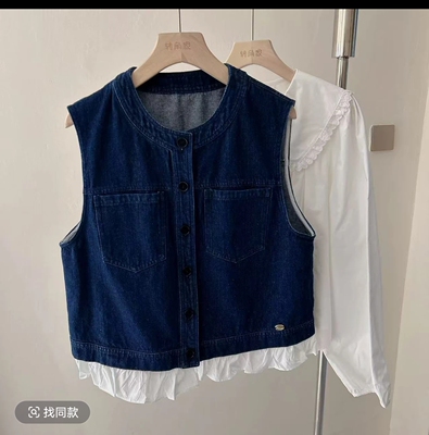 QCSEE牛仔马甲背心女设计感下摆可拆花边百搭显瘦无袖坎肩ONETWO