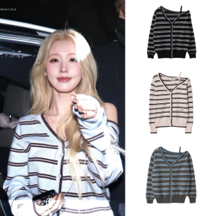 针织不对称露肩长袖 韩国甜美条纹开衫 毛衣 英同款 赵美延minju张元