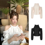 换乘恋爱同款 韩国春夏气质露肩一字领淑女挂脖长袖衬衫女zaenio