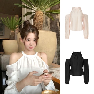 女zaenio 衬衫 换乘恋爱同款 韩国春夏气质露肩一字领淑女挂脖长袖