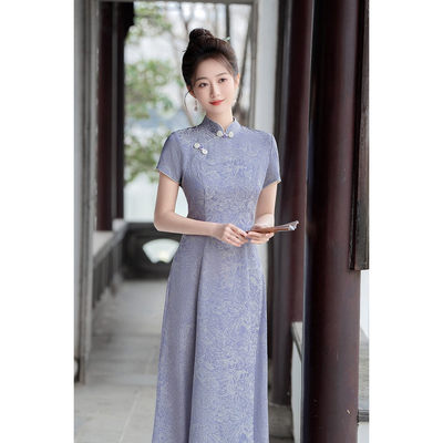 不开叉旗袍春装妈妈平时可穿紫色喜婆婆婚宴装礼服茶服遮肚子短袖