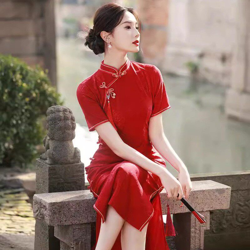 家长送考衣服红色改良风现代旗袍