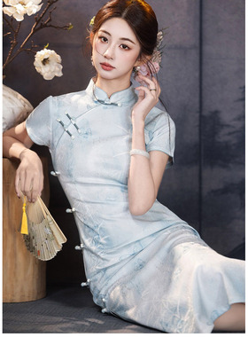 蓝色淑女范绝美春夏旗袍2026夏季新款高考日常可穿高级感