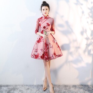 晚礼服2024新款中式宴会中国风年会礼服女主持人短款改良旗袍中袖
