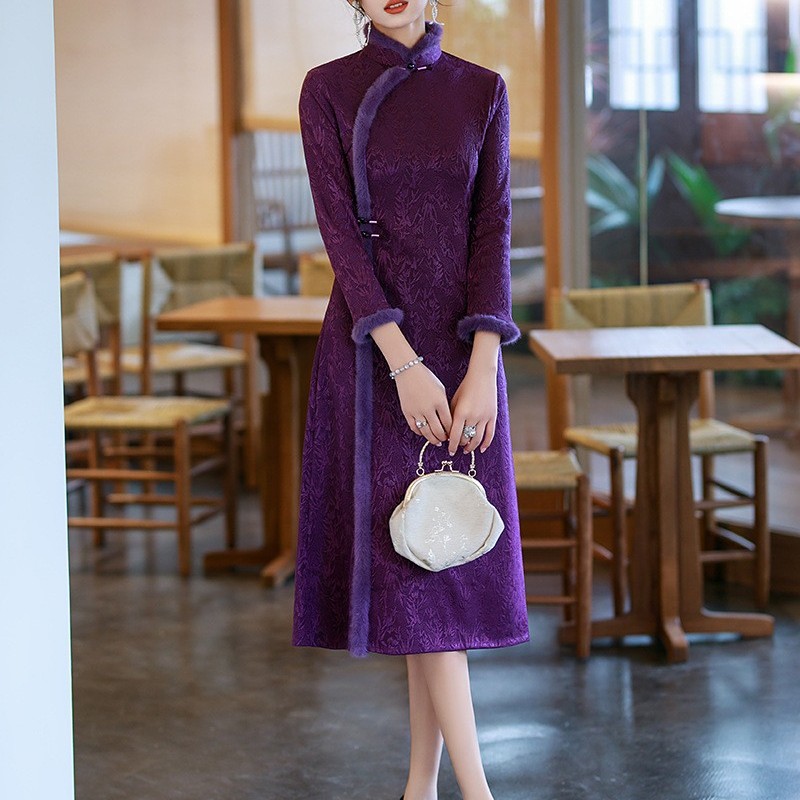 秋冬喜婆婆婚宴装2025新款紫色中式旗袍妈妈结婚礼服日常可穿长袖