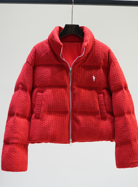 2025冬季针织红色短款羽绒服女立领拉链加厚保暖面包服90白鸭绒潮