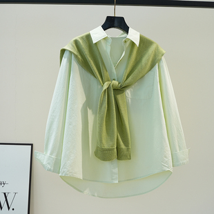 淡绿色棉衬衫 上衣两件套 女配披肩宽松休闲衬衣2025春夏文艺范长袖