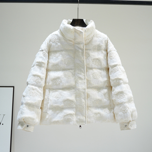 重工欧根纱刺绣立领羽绒服女2025冬季新款超好看90白鸭绒短外套潮