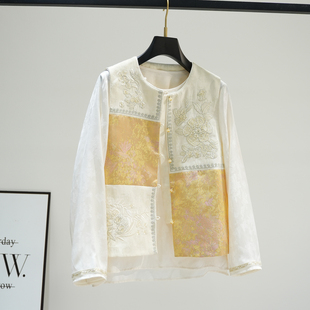 长袖 女2026春季 宽松显瘦气质设计感上衣 风刺绣拼接马甲小衫 新中式