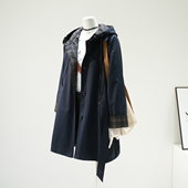 新款 设计感拼格子翻边袖 收腰连帽风衣女2025秋季 韩系宽松百搭外套