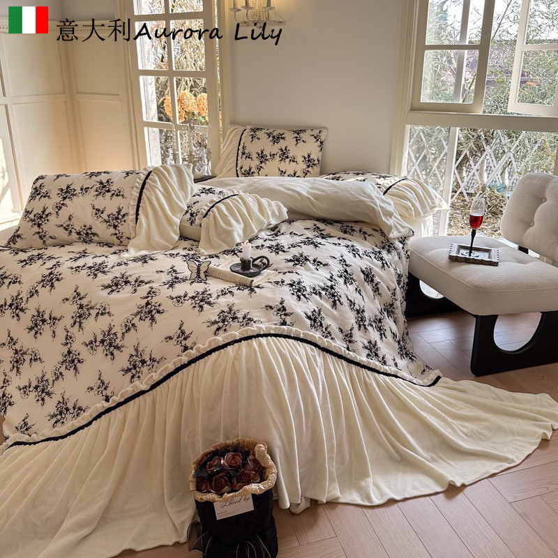 夜空之浪漫︱意式全棉磨毛复古褶皱被套四件套纯棉牛奶绒柔软床品