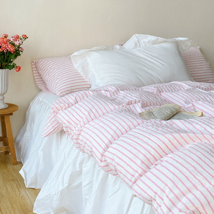 全棉水洗棉四件套纯棉浪漫白色床裙款 乡村 条纹被套 法式 南法少女