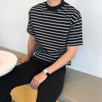 黑白条纹针织短袖男款夏季内搭美式重磅正肩t恤小领口半截袖体恤