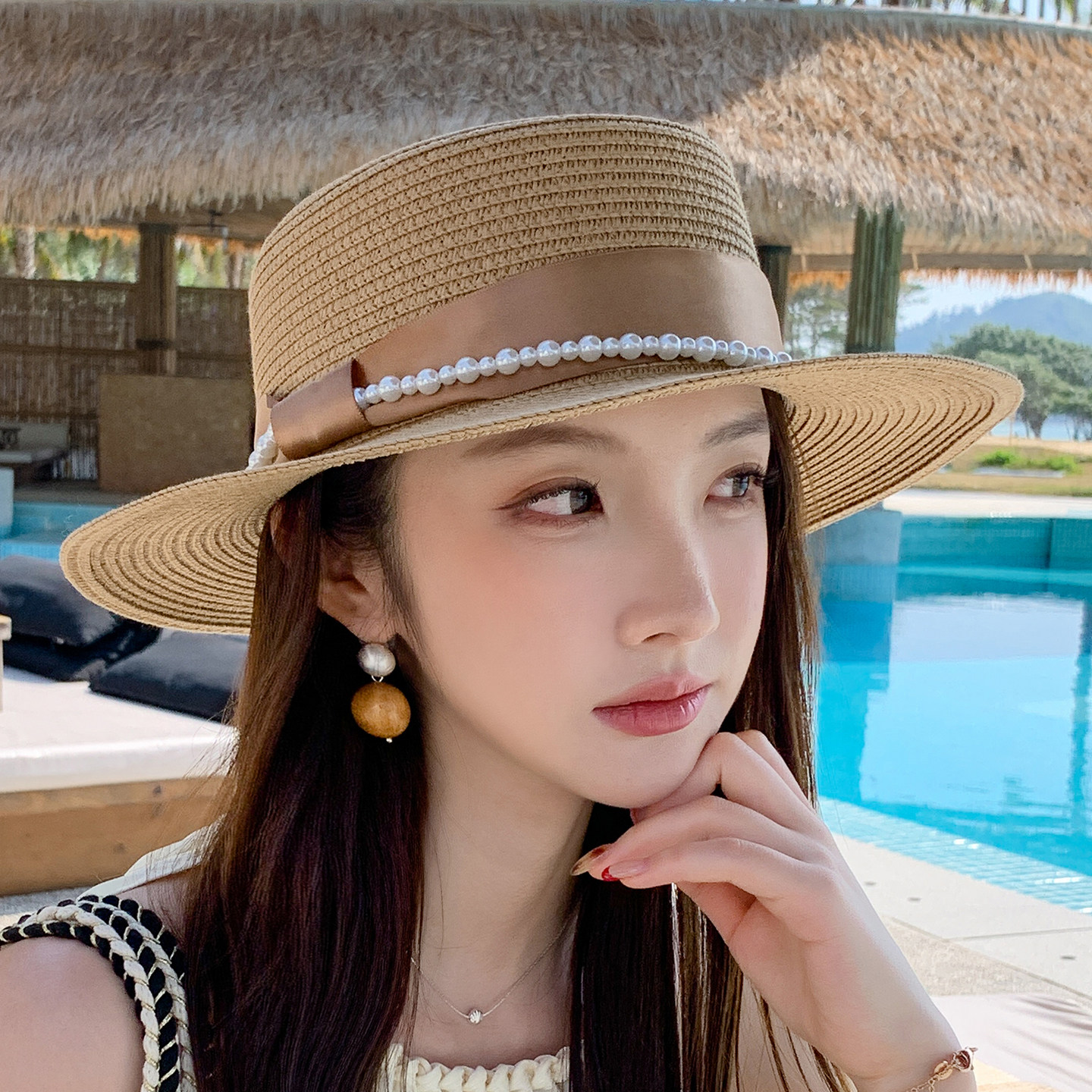 法式平顶草编女士遮阳防晒礼帽