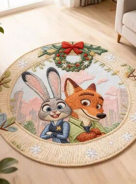 可爱卡通疯狂动物城仿羊绒地垫女生卧室客厅防滑圆形床边毯转椅垫