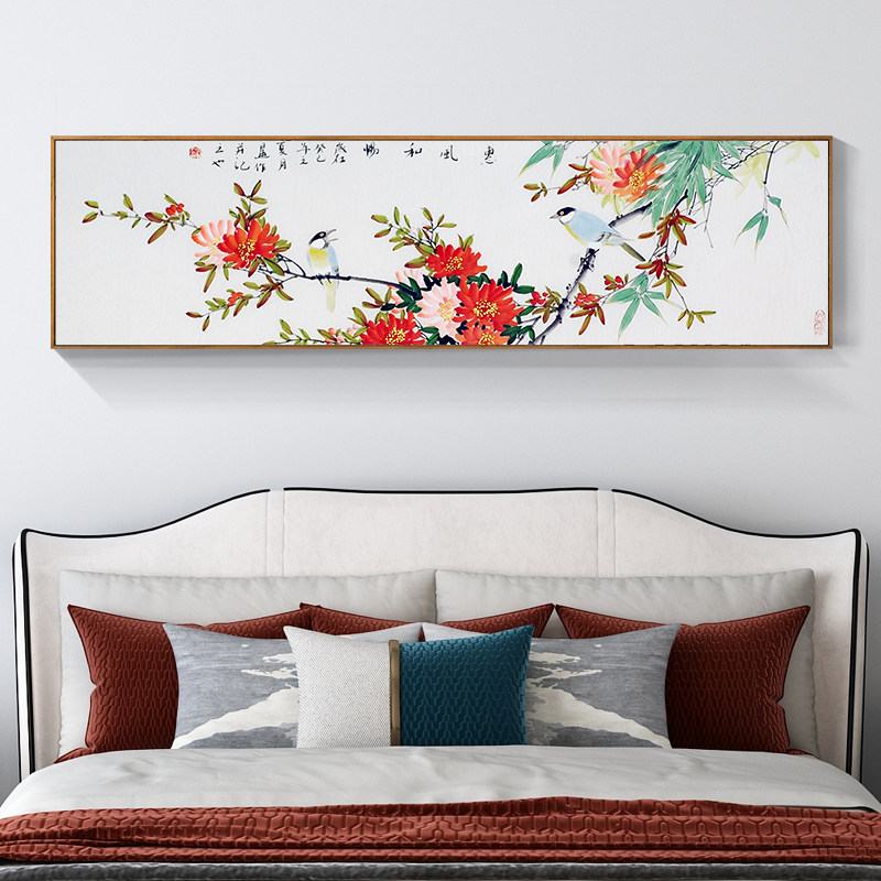 速发卧室鸟头装饰画新中式房间主卧背景墙挂画酒店民宿床花风景画