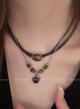 皮革虎眼石项链女复古气质