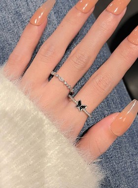 黑色锆石蝴蝶戒指女ins小