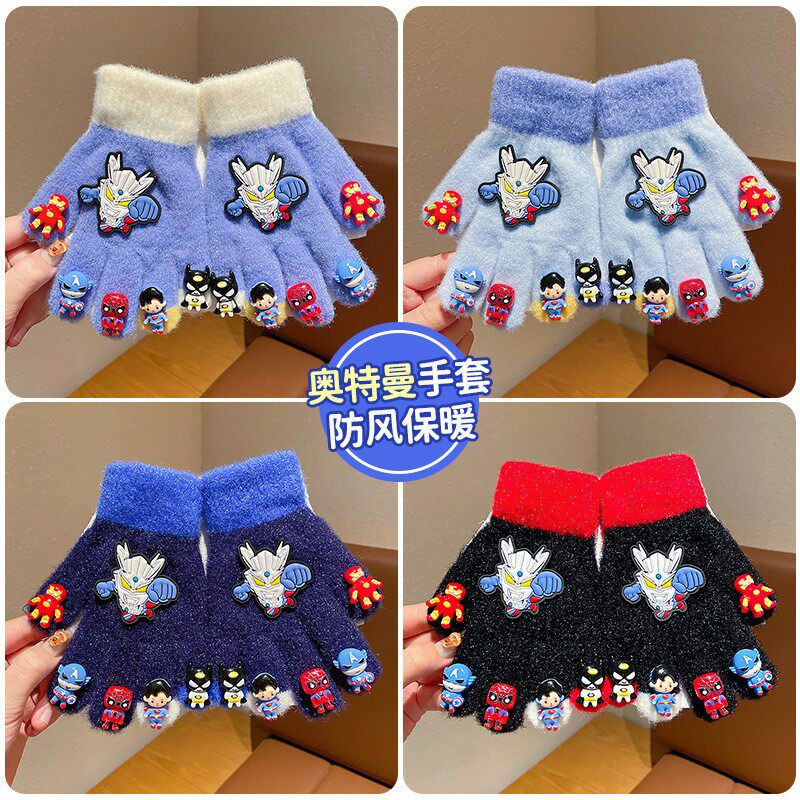 儿童卡通动漫超人手套秋冬季男童保暖五指手套男孩宝写字防冻手套