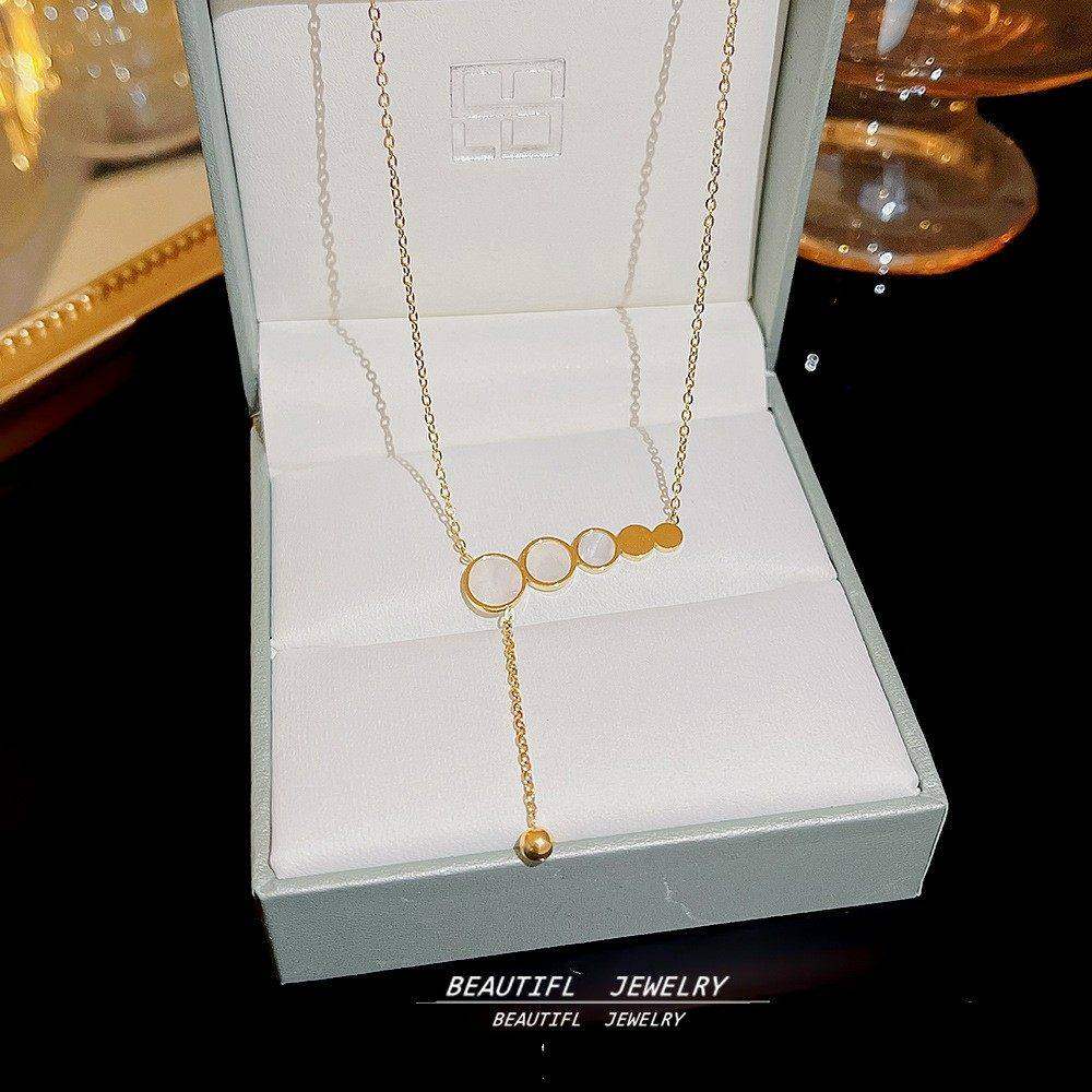 韩版设计感毛衣链百搭气质高级感颈链白贝母吊坠时尚流苏钛钢项链