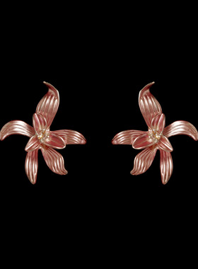 复古Vintage古着 Pink Lily粉百合拉丝闪钻耳钉耳饰女