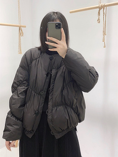 lalaland羽绒服女短款黑色圆领韩国款加厚保暖原创褶皱白鸭绒外套