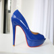 宝蓝色亮皮 46恨天高欧美模特14cm 红底超高跟鱼嘴鞋 厚底超大码