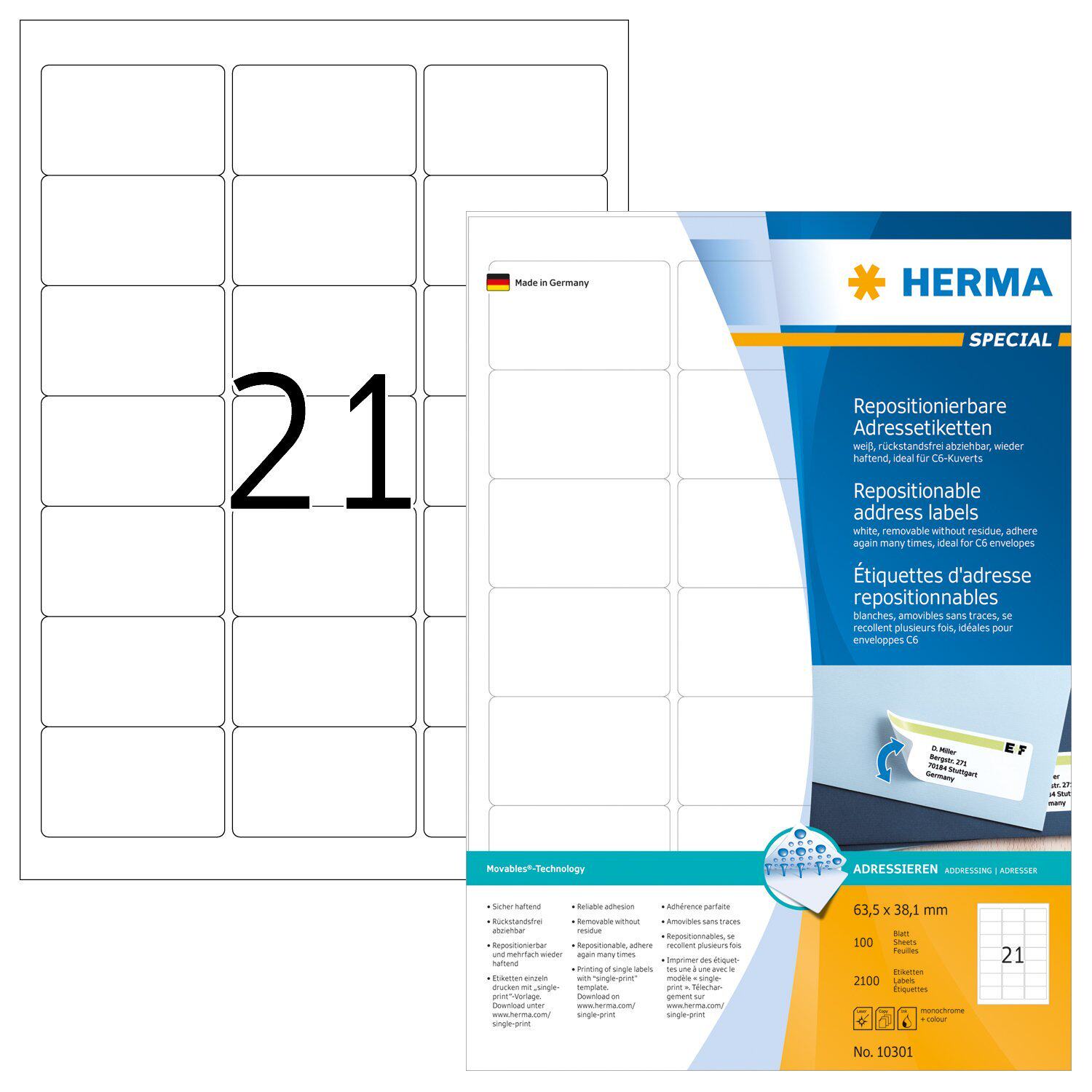 HERMA 10301 豪玛A4-100张多次粘贴不干胶标签纸63.5x38.1mm