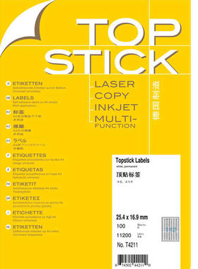 TOPSTICK德国顶贴T4211 A4-100张圆角不干胶打印标签25.4x16.9mm